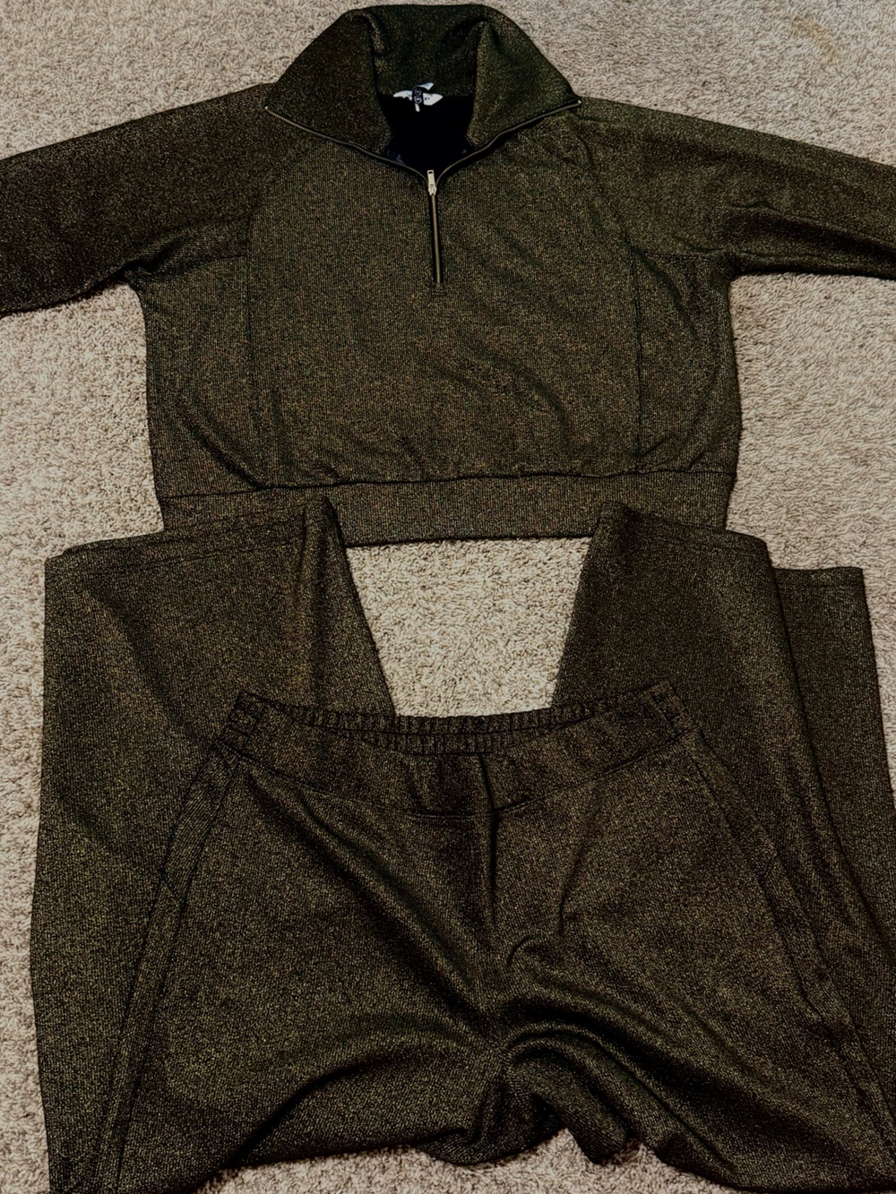SPANX Air Essentials Dark Olive Green Metallic Jogger Set with Half-Zip Pullover